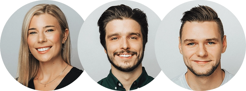 A portrait collage of three smiling individuals: a woman with long blonde hair on the left, a man with dark brown hair and a beard in the middle, and a man with short light brown hair and a short beard on the right, all against a white background.