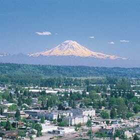 A cityscape with a sprawling urban area, surrounded by green trees. In the background, a large, snow-capped mountain is visible against a clear blue sky.