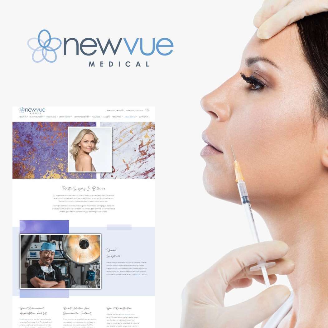 Profile of a woman receiving a facial injection, gloved hand holding the syringe. In the background is a webpage for Newvue Medical featuring images and text about plastic surgery and surgeons. Blue and gray color scheme.