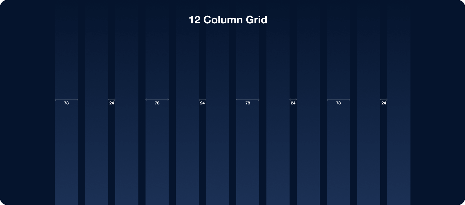 A dark blue background with a 12-column grid layout. The columns are labeled with widths: alternating between 78 and 24, repeated across the grid. Text at the top reads 12 Column Grid.