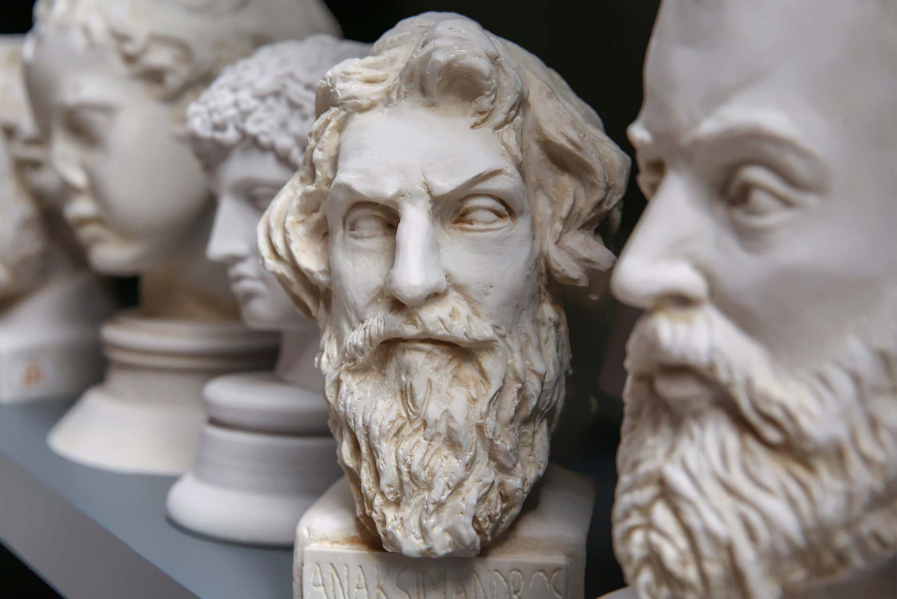 A row of marble busts displayed on a shelf. The central bust features a bearded man with detailed facial features. Other sculptures in the background show different classical figures, focusing on their heads and necks.