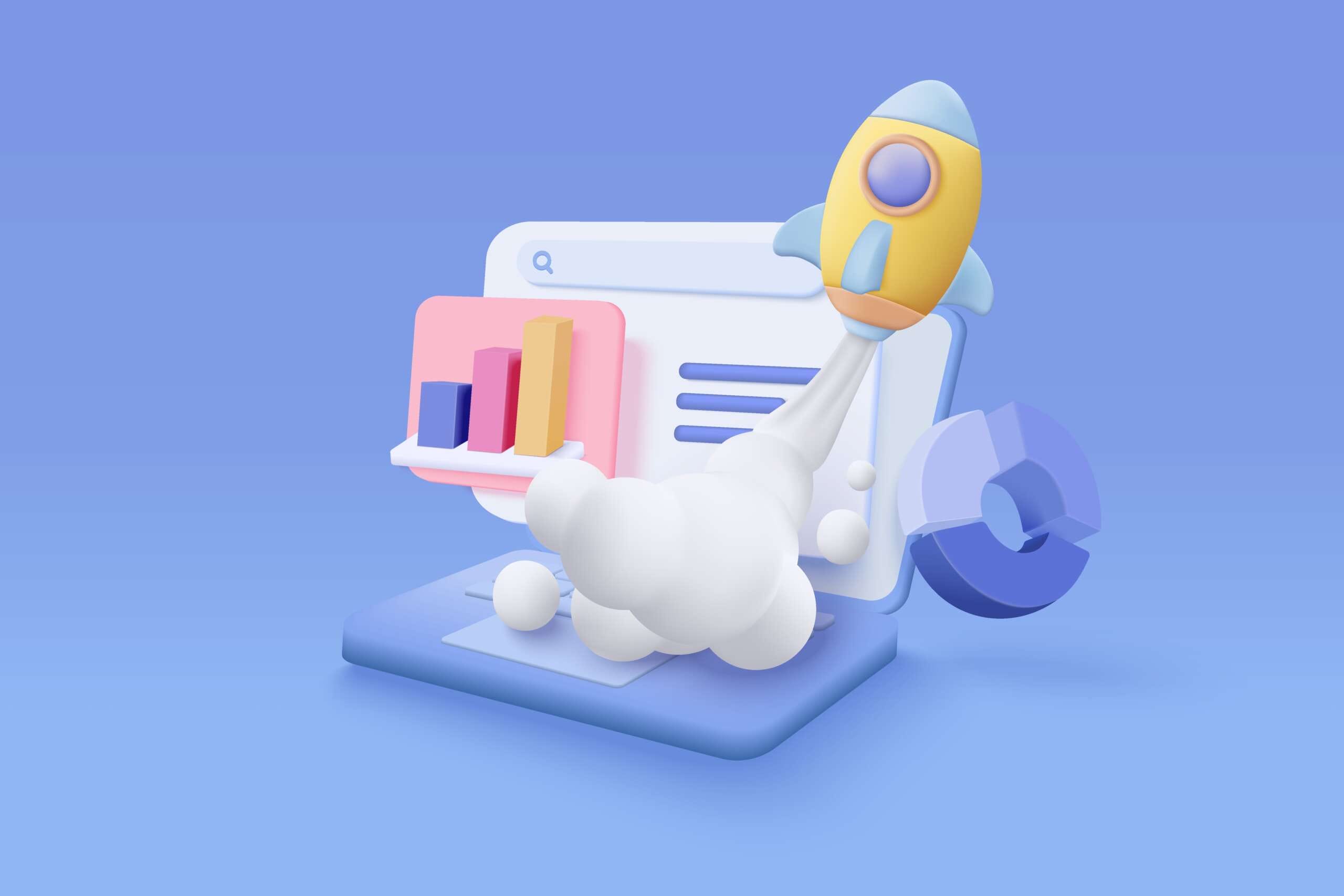3D illustration of a laptop with colorful bar graphs and a pie chart on the screen. A yellow and blue rocket launches upward, leaving a cloud trail, symbolizing growth and progress. The background is a gradient of light and dark blue.