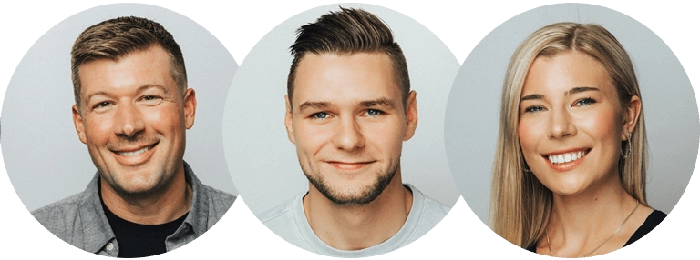 Three people are smiling in a collage against a light background. The first person has short hair and a stubble beard, the second has short hair and a light beard, and the third has long, straight hair. All are wearing casual clothing.