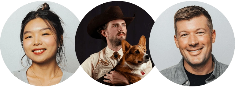 Three people are featured: a woman smiling with hair tied up, a man in a cowboy hat holding a dog, and a man smiling in a casual shirt. The background is plain white.