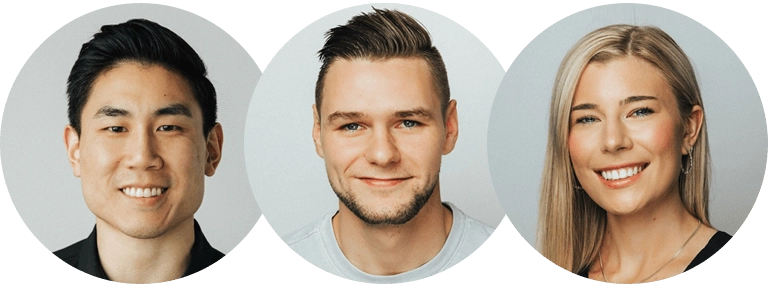 Three people against a light background. On the left, an individual with short black hair and a black shirt smiles at the camera. In the center, a person with short brown hair and a light gray shirt smiles. On the right, a person with long blonde hair smiles.