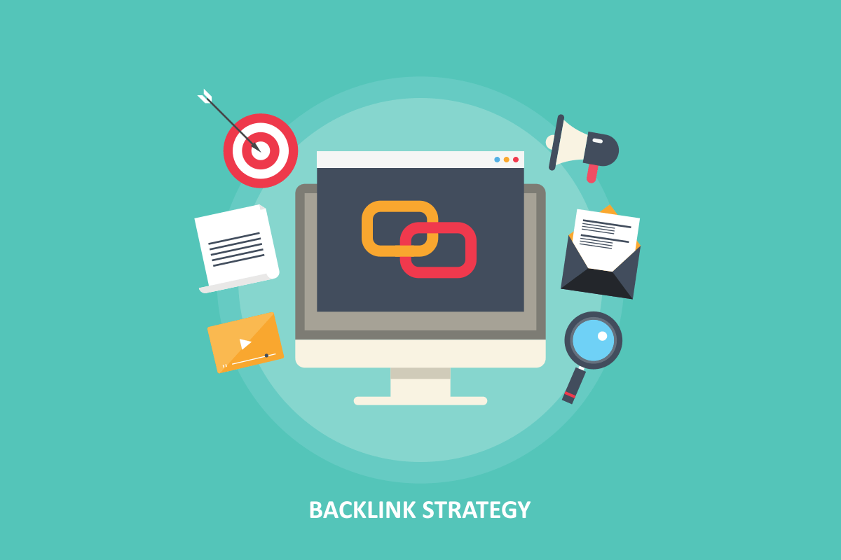 Flat design illustration depicting backlink strategy. A computer monitor displays linked chain icons, surrounded by icons of a target, documents, email, megaphone, video, and magnifying glass, all against a teal background.
