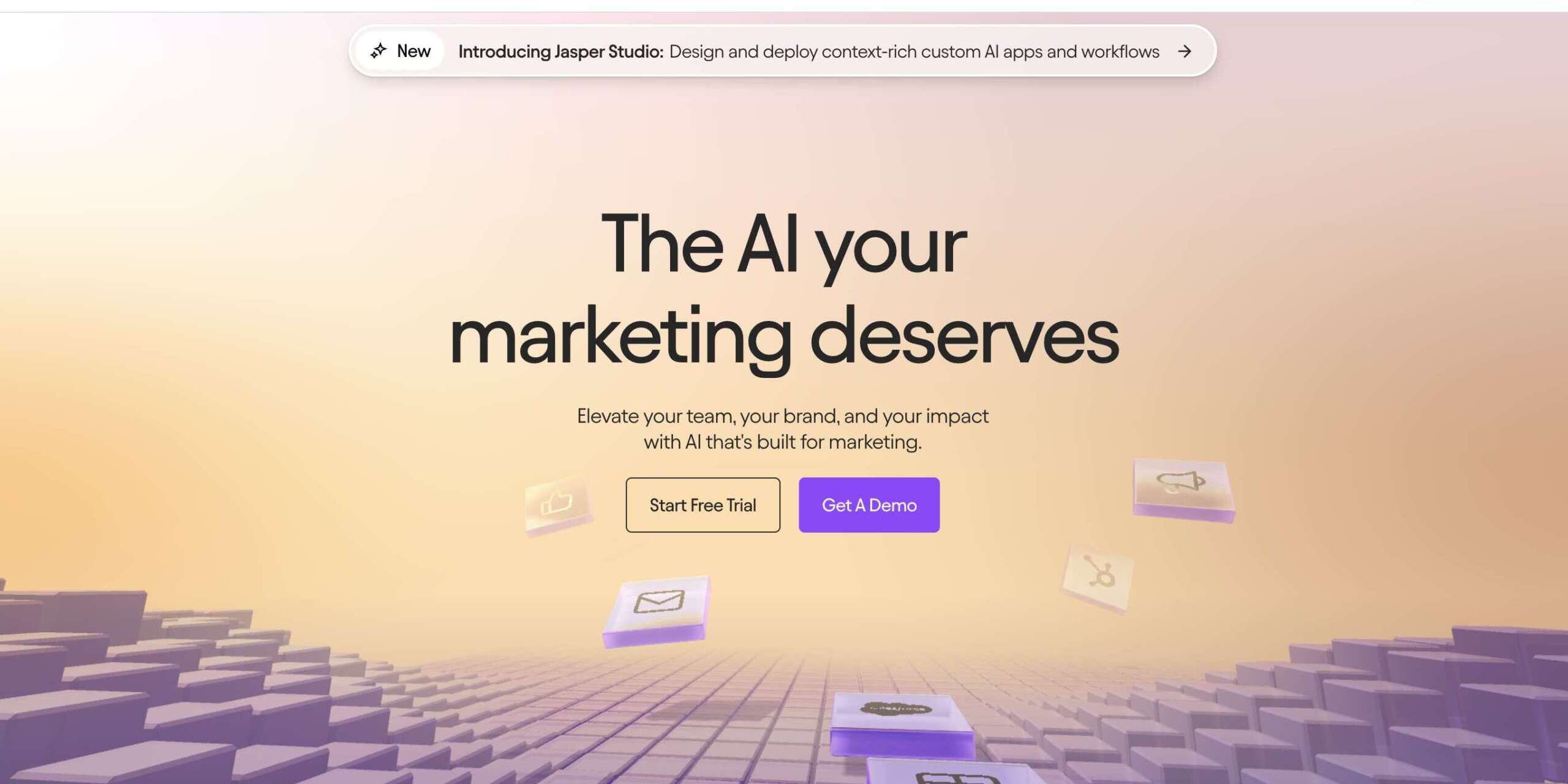 Homepage of Jasper showing a gradient background with the text The AI your marketing deserves in the center. Buttons for Start Free Trial and Get a Demo are below. Icons of various apps and tools float around.