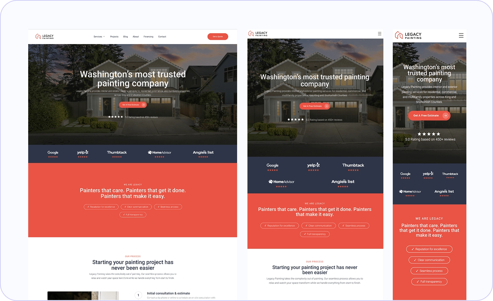 Screenshot of a painting companys website shown in three responsive layouts—desktop, tablet, and mobile. Each features a house photo, company tagline, review badges, and sections with painter information and contact details.