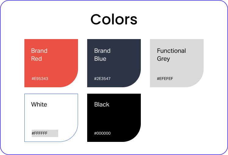 A color palette showing Brand Red (#E95343), Brand Blue (#2E3547), Functional Grey (#EFEFEF), White (#FFFFFF), and Black (#000000), each labeled in separate rounded rectangles.