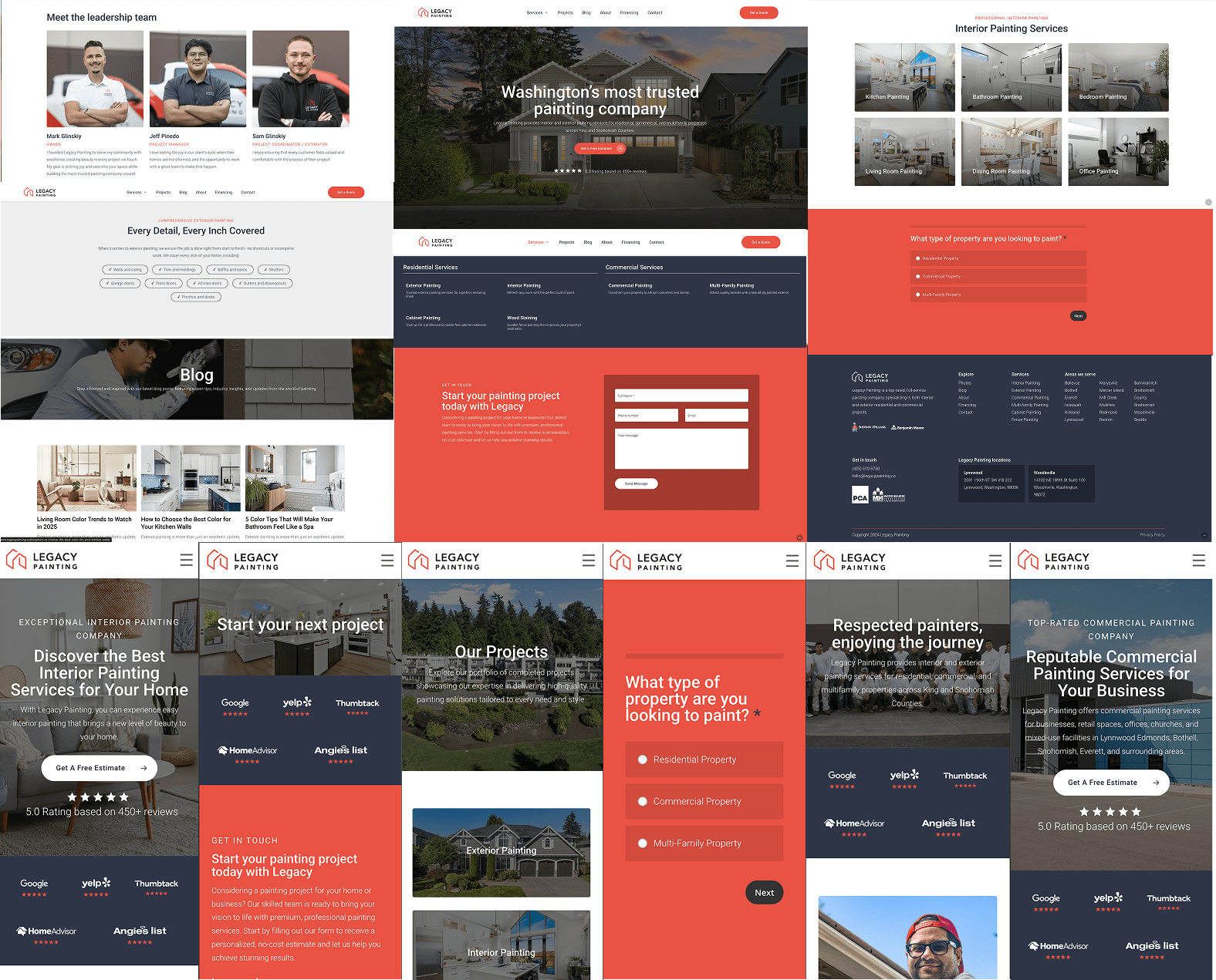 A collage of website pages for a painting company, featuring team photos, service descriptions, project galleries, contact forms, testimonials, and a red, white, and dark blue color scheme throughout the layout.