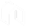 White geometric outline resembling two interlocking house shapes on a black background. The design features simple, angular lines.
