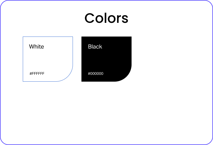 A comparison of white and black colors: a rounded white square labeled White with hex code #FFFFFF, and the word Black with hex code #000000 on a black background.