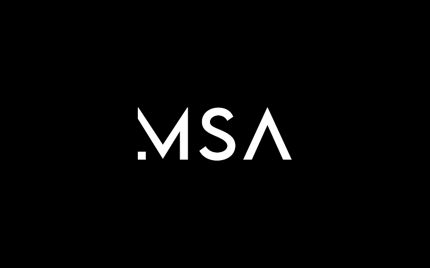 White stylized letters MSA are centered on a solid black background. The M has a small horizontal line on its left leg, and the A is missing its crossbar.