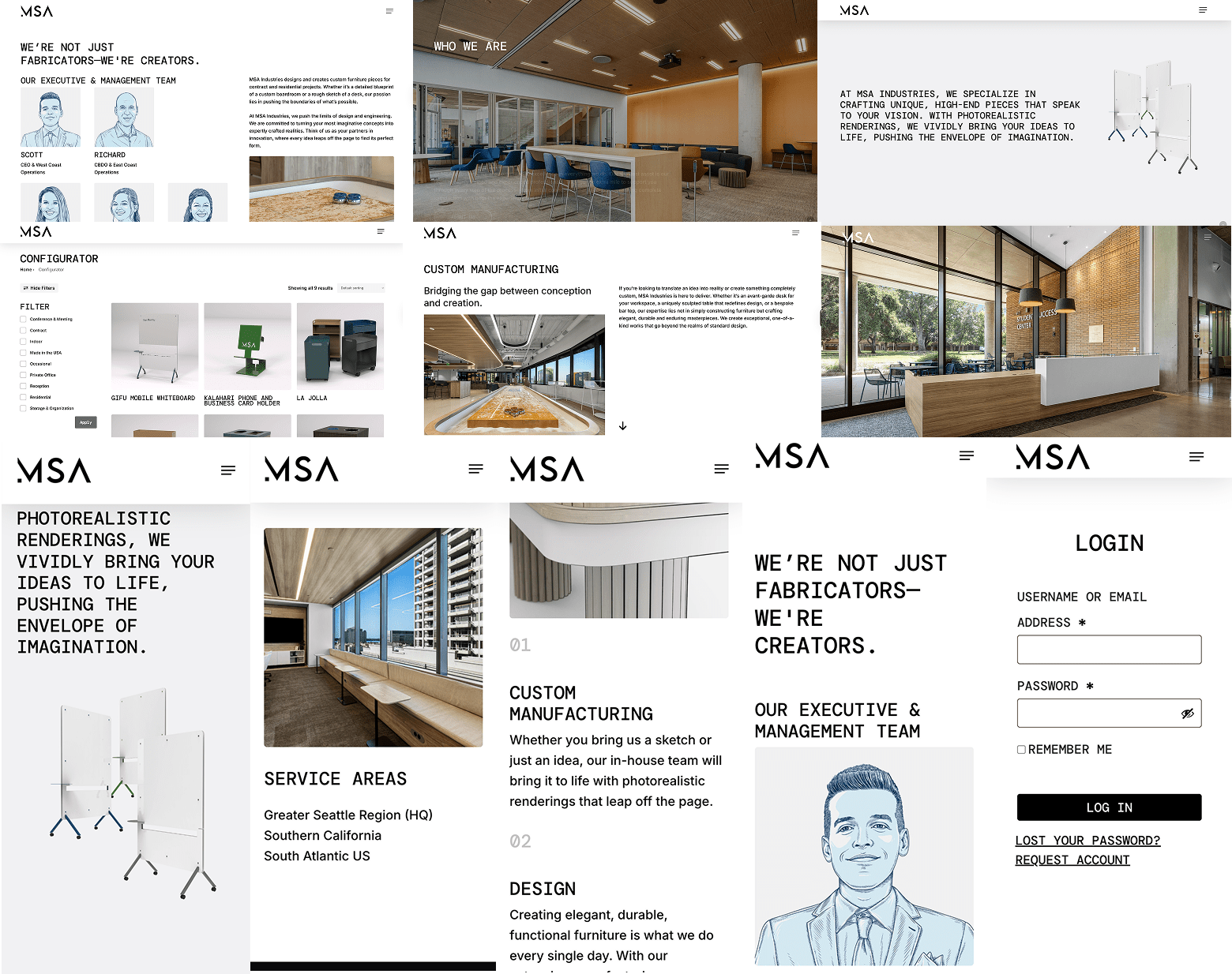 A website mockup for MSA, a fabrication and design company, featuring photorealistic renderings, service areas, manufacturing info, login form, and images of modern interiors, sketches, and office spaces.