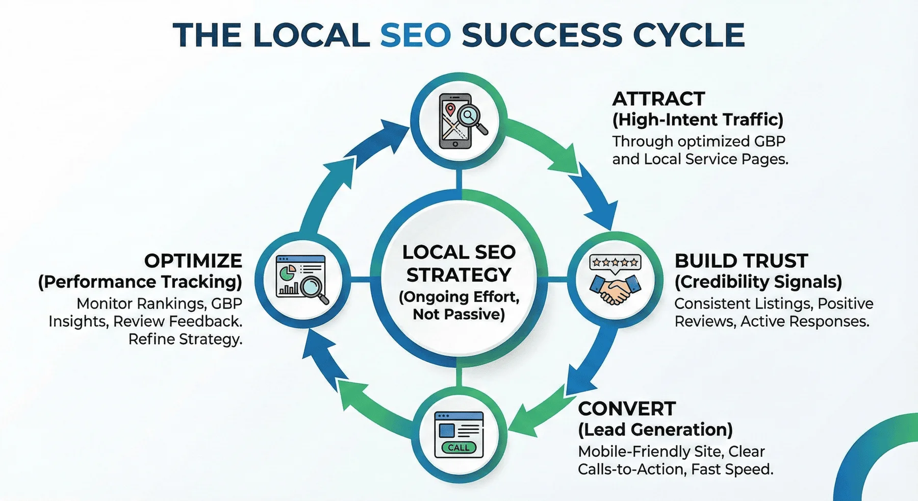 A circular flowchart titled The Local SEO Success Cycle shows four steps: Attract, Build Trust, Convert, and Optimize, all connected around a central strategy. Each step includes a brief description and an icon.