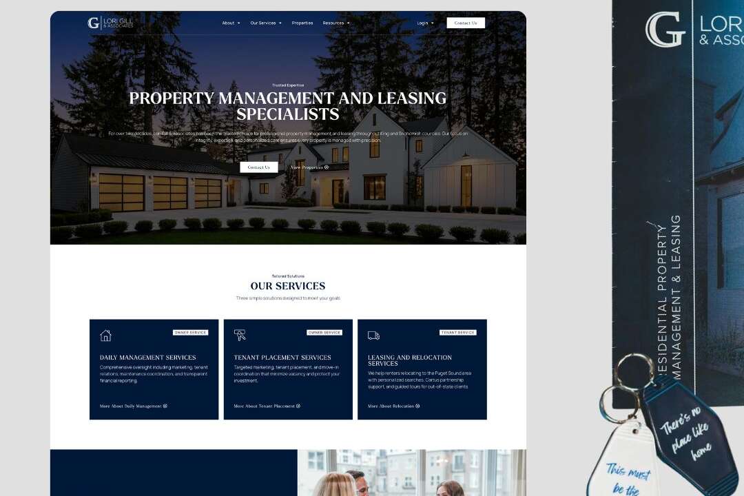 Screenshot of Lori Gill & Associates website on the left, showing property management services, and a branded keychain with a key and tag reading This must be the place on the right.