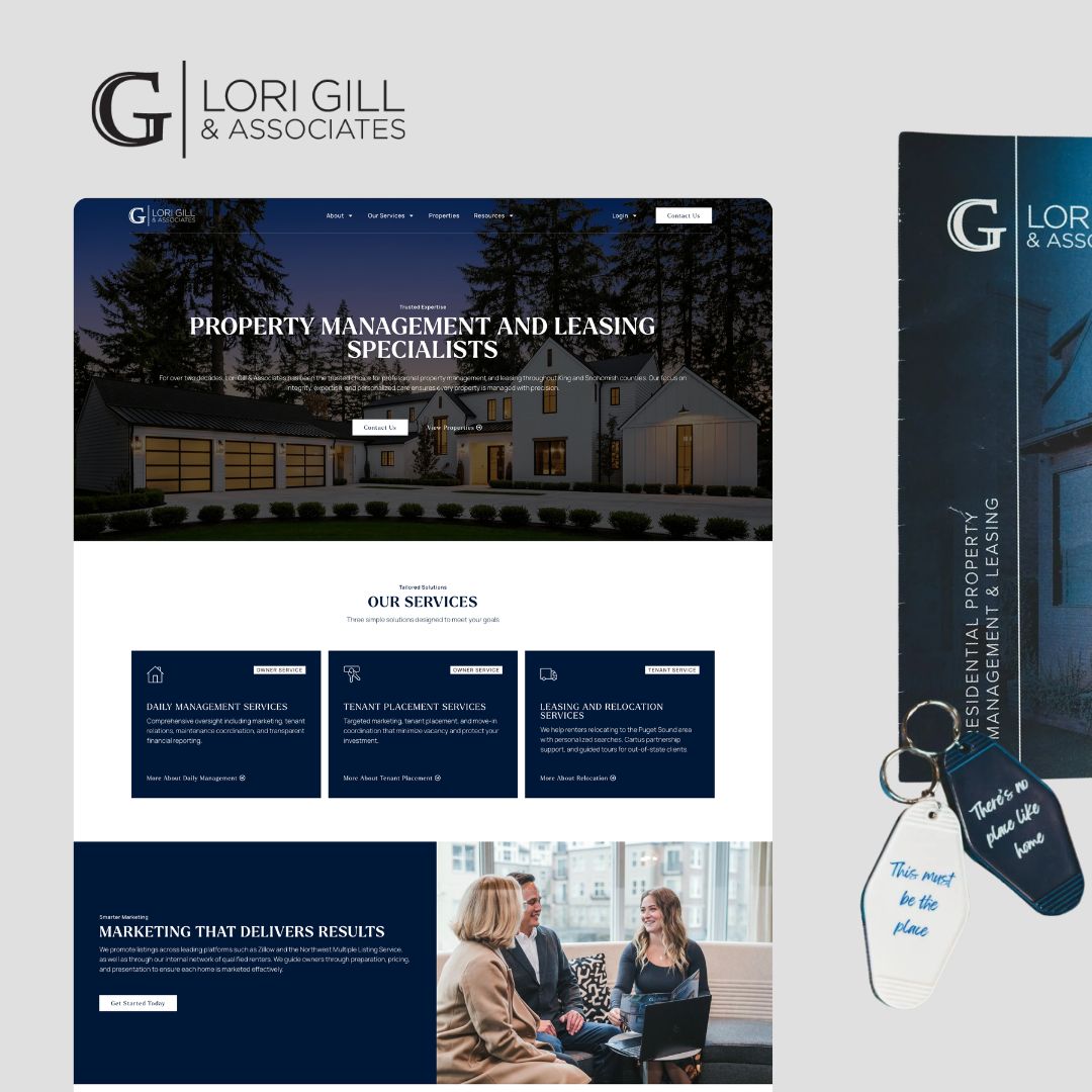 Screenshot of Lori Gill & Associates website on the left, showing property management services, and a branded keychain with a key and tag reading This must be the place on the right.