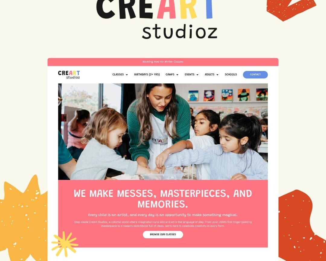 A colorful website page for Creat Art Studioz featuring children painting together with an instructor, playful art graphics, and bright sections describing classes and creative offerings for kids.