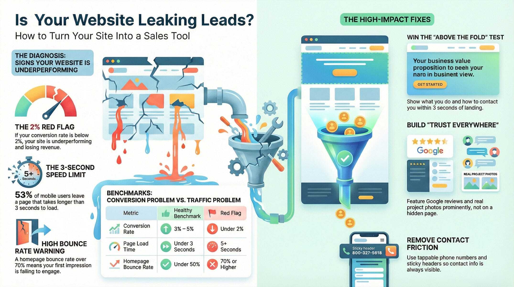 Why your website isn't generating leads infographic showing the 7 most common conversion killers and how to fix them