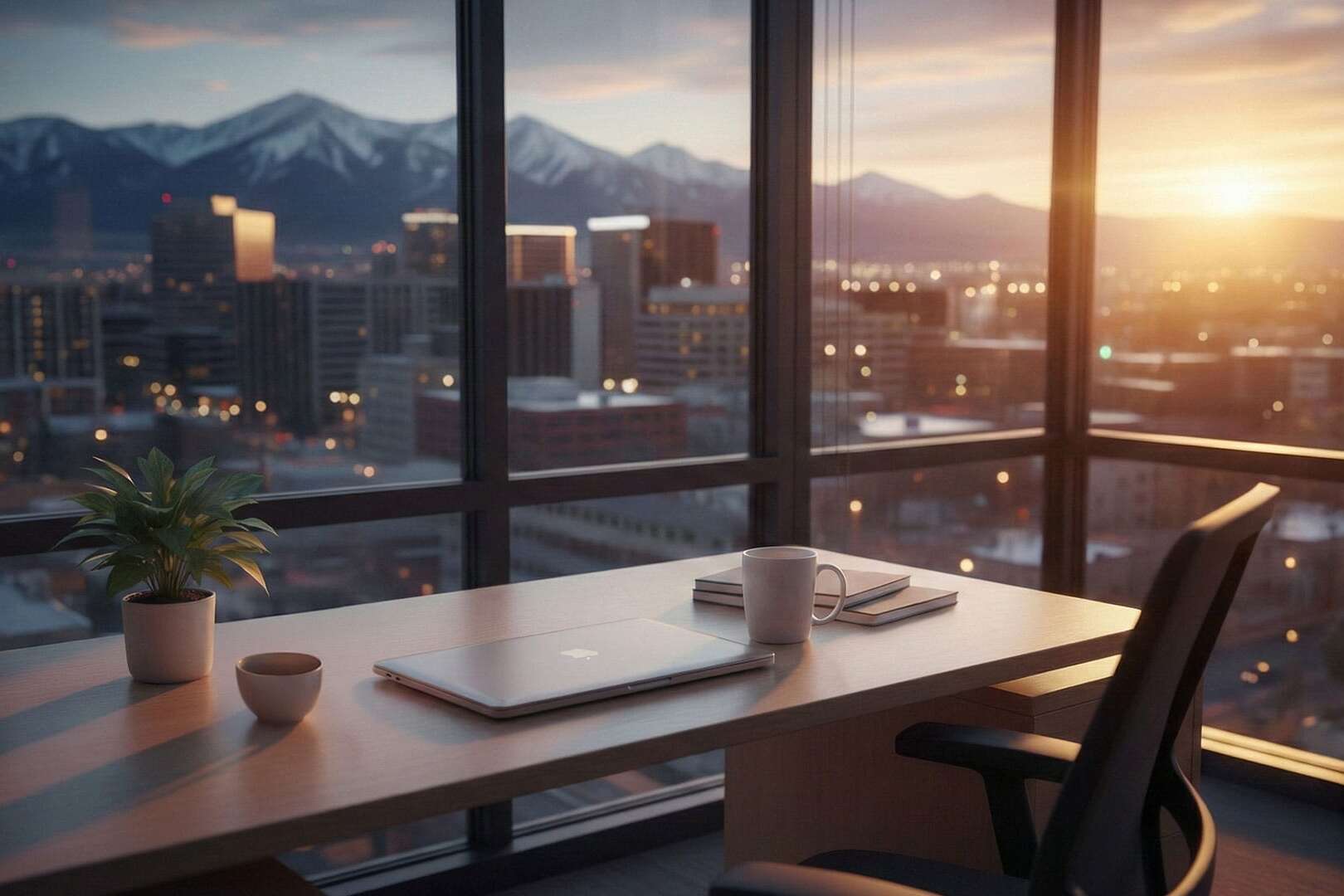A modern office desk with a laptop, notebooks, a coffee mug, and a potted plant, set beside large windows overlooking a cityscape and snow-capped mountains at sunset.