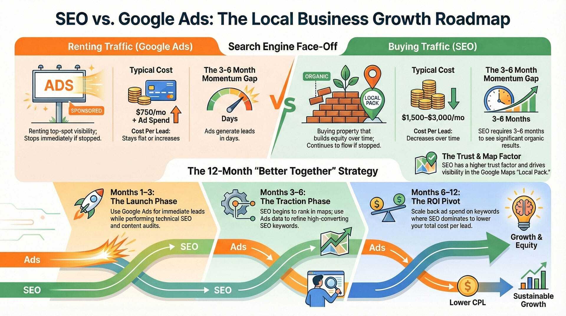 SEO vs Google Ads infographic comparing cost, timeline, ROI, and best use cases for local businesses