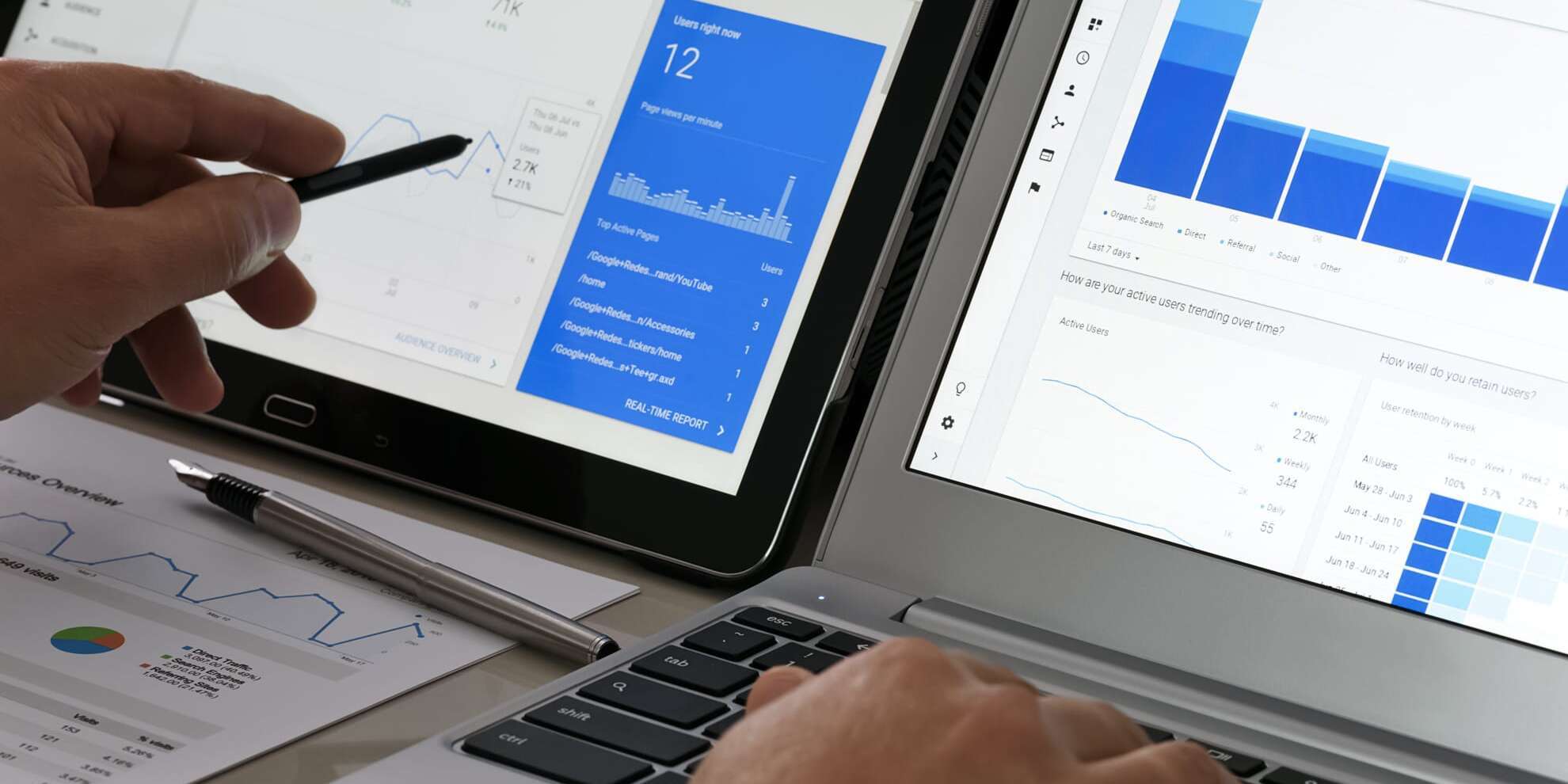 A person uses a tablet and a laptop displaying analytics dashboards. The screens show charts, graphs, and statistics. A pen and paper with printed graphs are on the desk, indicating data analysis and decision-making.