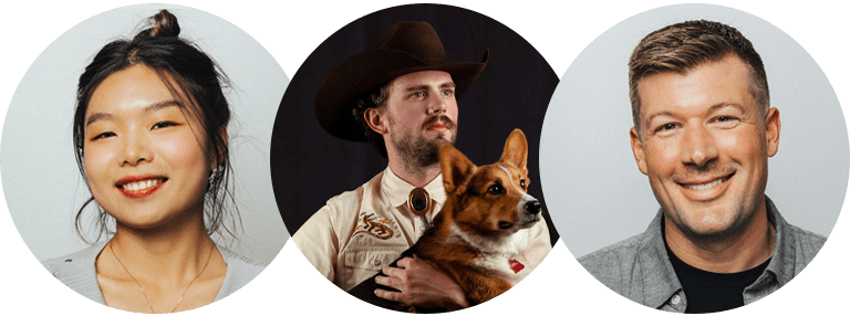 Three people are featured: a woman smiling with hair tied up, a man in a cowboy hat holding a dog, and a man smiling in a casual shirt. The background is plain white.