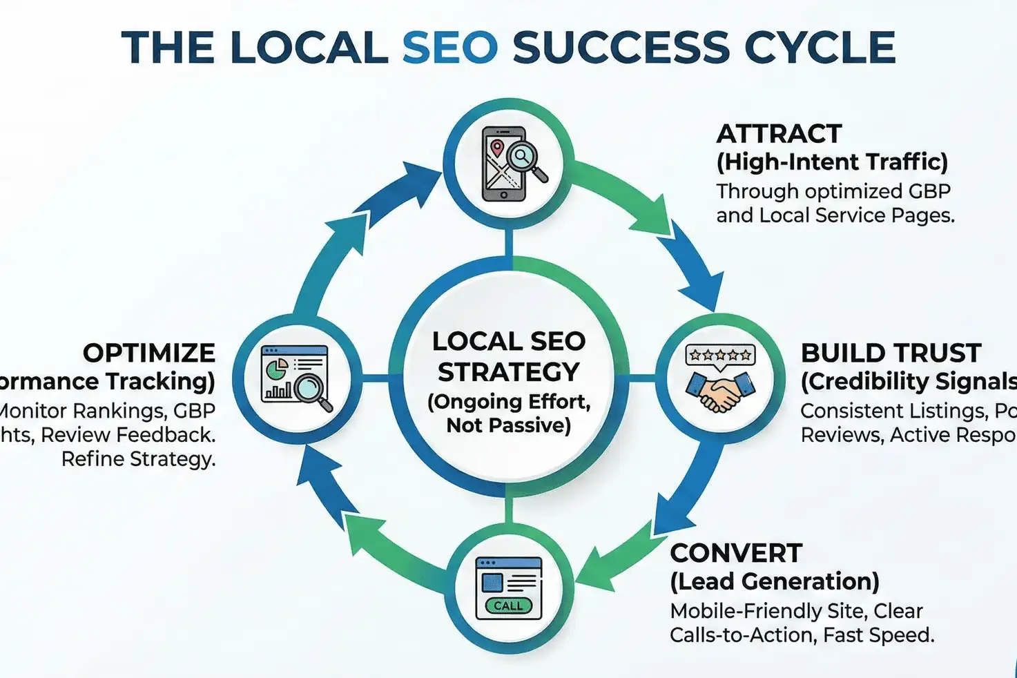 A circular flowchart titled The Local SEO Success Cycle shows four steps: Attract, Build Trust, Convert, and Optimize, all connected around a central strategy. Each step includes a brief description and an icon.