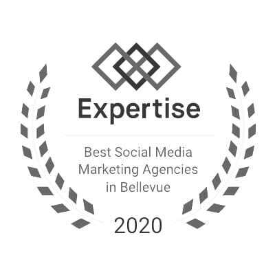 Award badge with a geometric logo and laurel design. Text reads: Expertise Best Social Media Marketing Agencies in Bellevue 2020.