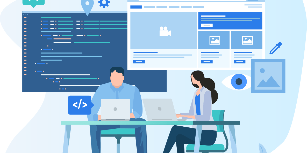 Illustration of a man and woman working on laptops at a desk. Behind them are elements of web development, including a large screen with layout designs, a code snippet, and icons like a location pin and camera.