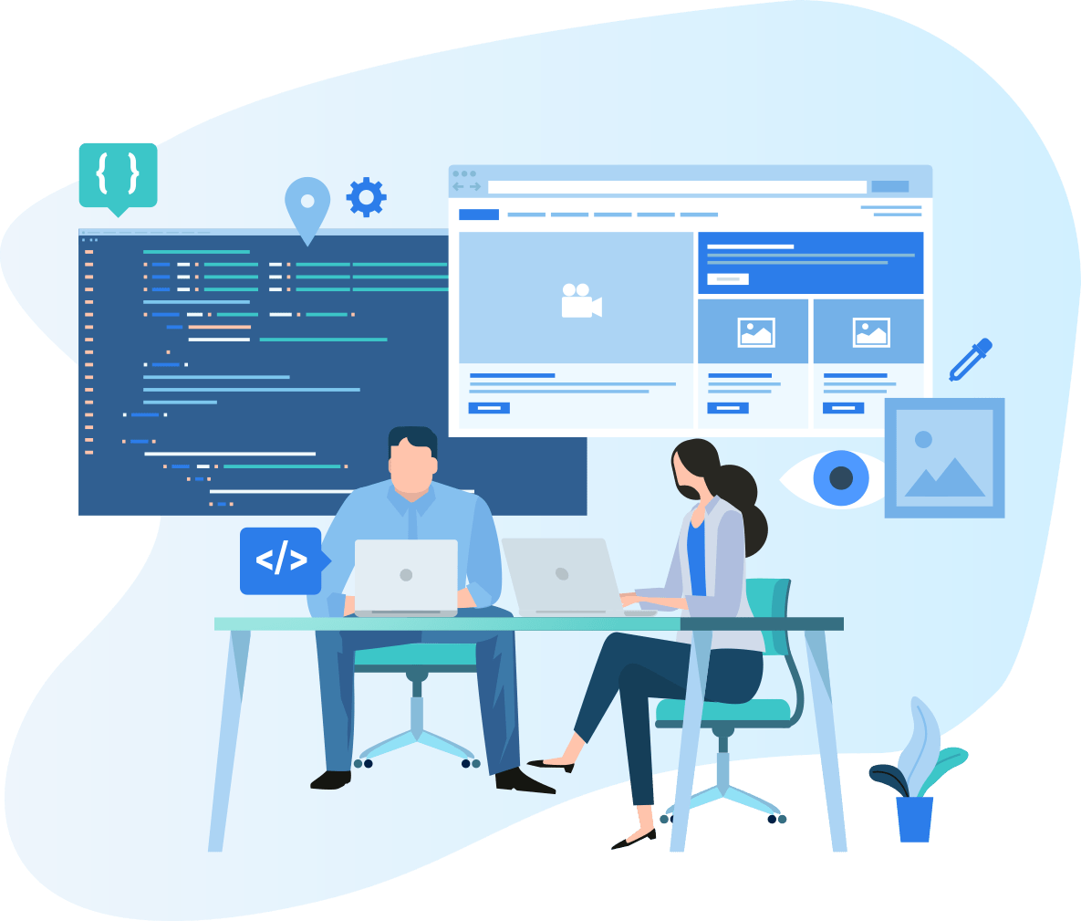 Illustration of a man and woman working on laptops at a desk. Behind them are elements of web development, including a large screen with layout designs, a code snippet, and icons like a location pin and camera.