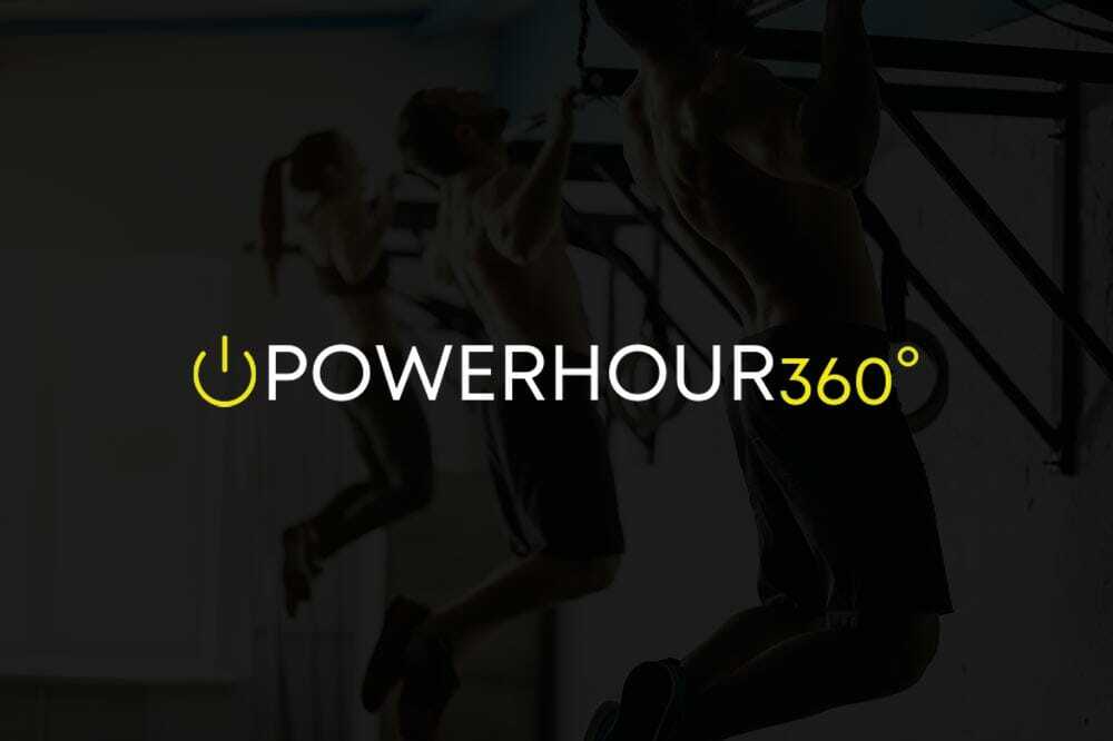 Silhouettes of three people doing pull-ups in a gym, with the text PowerHour360° overlaid in the center. The text features a power symbol as the O in Power.
