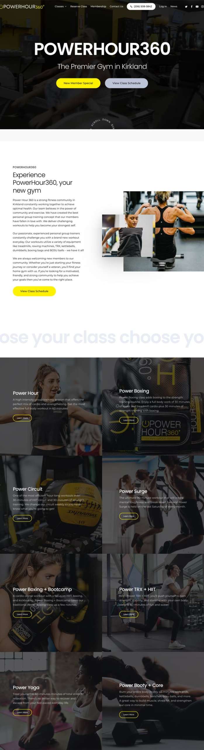 A website homepage for POWERHOUR360, a gym in Kirkland. It features a header image of people exercising, details about the gym, and sections for various classes like Power HOUR, Power Boxing, Power Circuit, and more. The design is sleek with black and yellow accents.