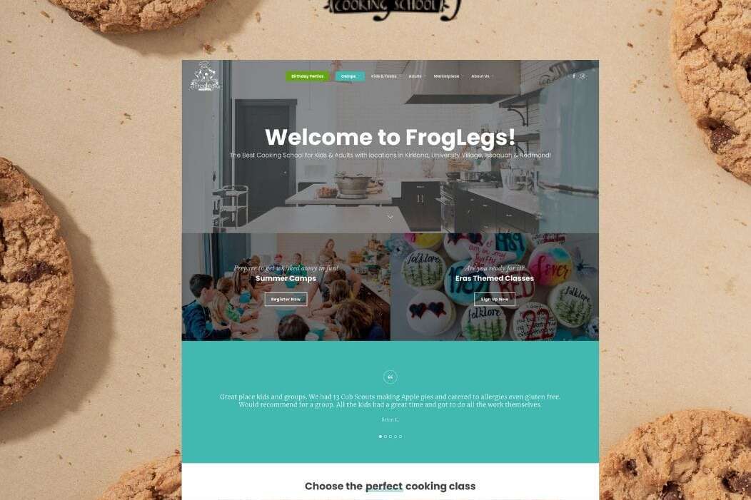 Website homepage for FrogLegs Cooking School with kids decorating cookies in the background. The page offers options for kids, teens, and adults, with vibrant images of cooking activities. The header reads, Welcome to FrogLegs!.