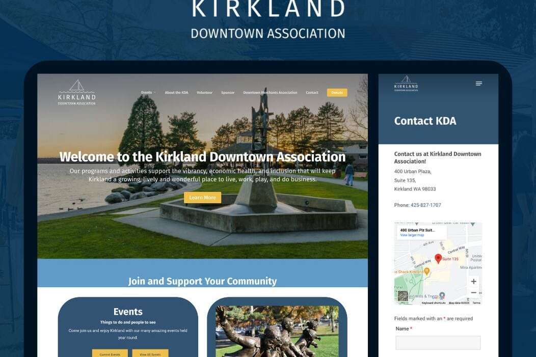 A digital mockup of the Kirkland Downtown Association website. It features a welcome message, event details, and a contact section with location map and contact form. The background has a scenic image with trees and a clear sky.