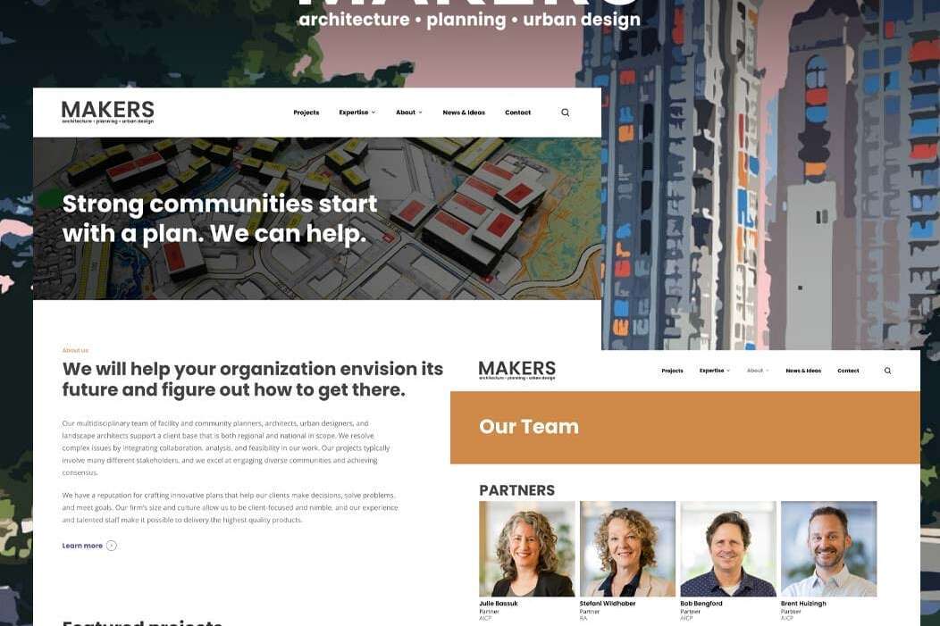 Website homepage for MAKERS, an architecture, planning, and urban design company. The page features a large header, a mission statement, team member photos, and images of projects. Background includes illustrations of urban buildings.