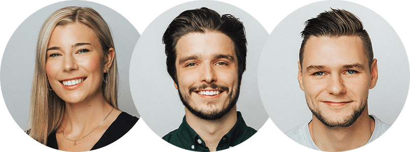 A portrait collage of three smiling individuals: a woman with long blonde hair on the left, a man with dark brown hair and a beard in the middle, and a man with short light brown hair and a short beard on the right, all against a white background.