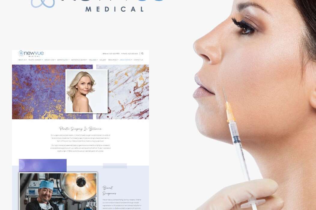 Profile of a woman receiving a facial injection, gloved hand holding the syringe. In the background is a webpage for Newvue Medical featuring images and text about plastic surgery and surgeons. Blue and gray color scheme.