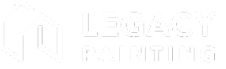 White logo featuring two geometric house outlines on the left, with the words LEGACY PAINTING in bold capital letters on the right against a black background.