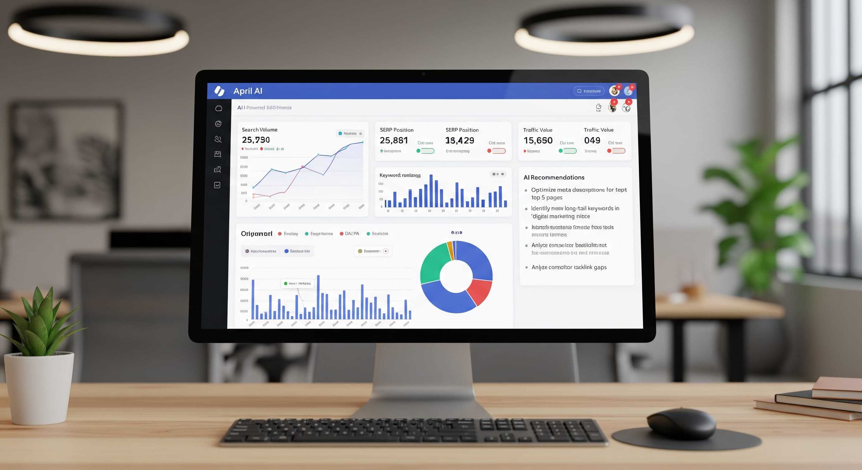 A computer monitor on a desk displays a data analytics dashboard with various charts, graphs, and statistics in a modern office setting.