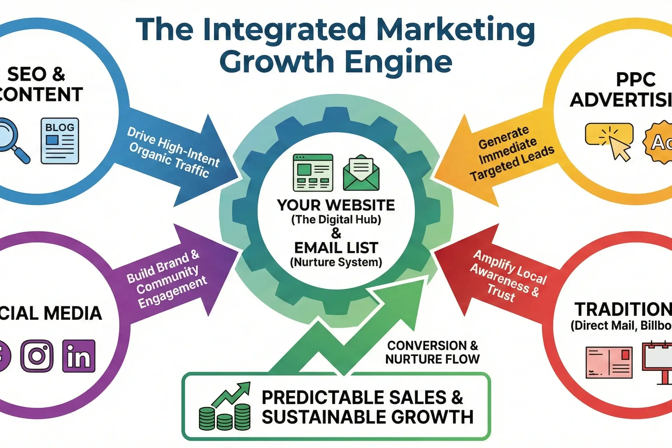 Infographic titled “The Integrated Marketing Growth Engine” showing four marketing channels—SEO & Content, PPC Advertising, Social Media, and Traditional—and how they drive traffic and leads to a website and email list for sustainable growth.