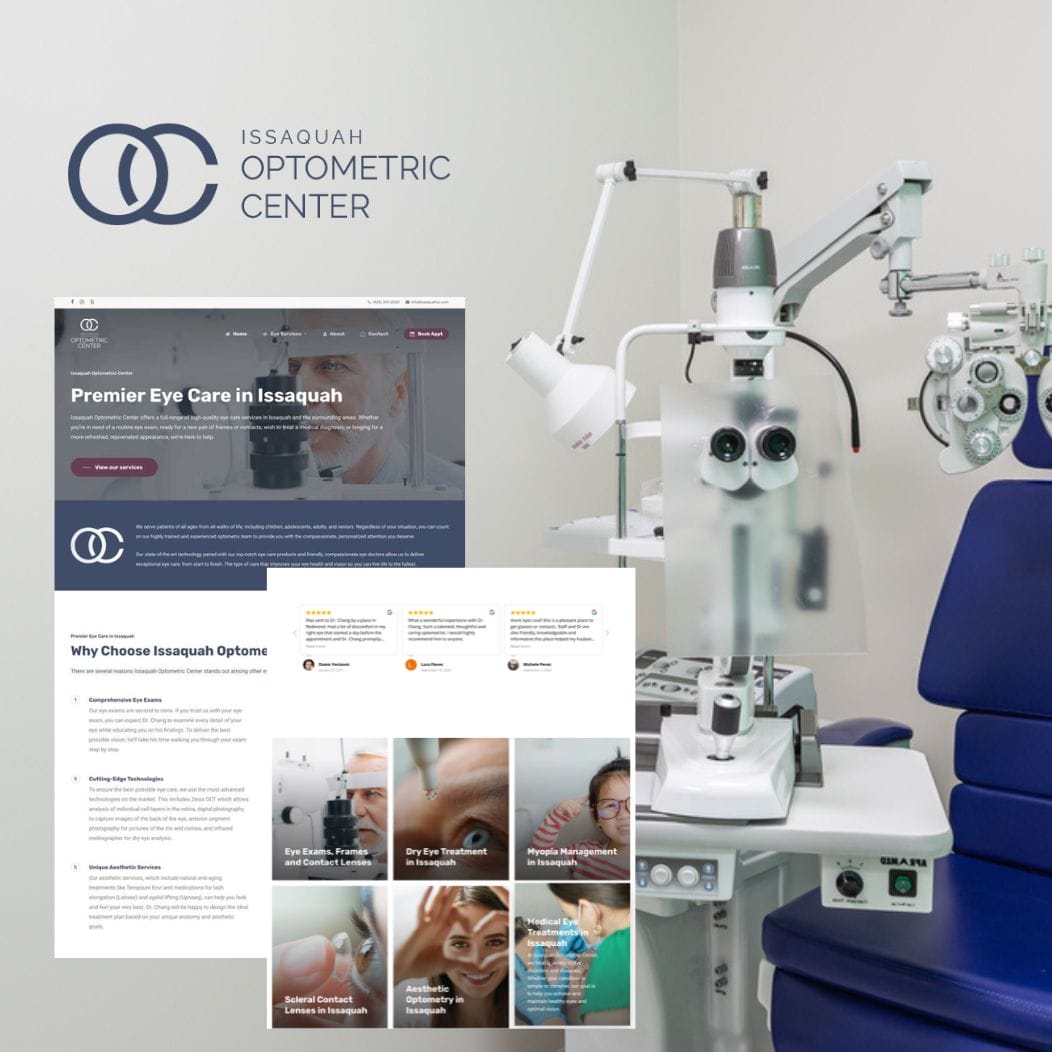 An optometry office featuring a blue chair and examination equipment. The wall displays the Issaquah Optometric Center logo. Overlays include website screenshots showcasing eye exams, customer reviews, and information about eye care services.