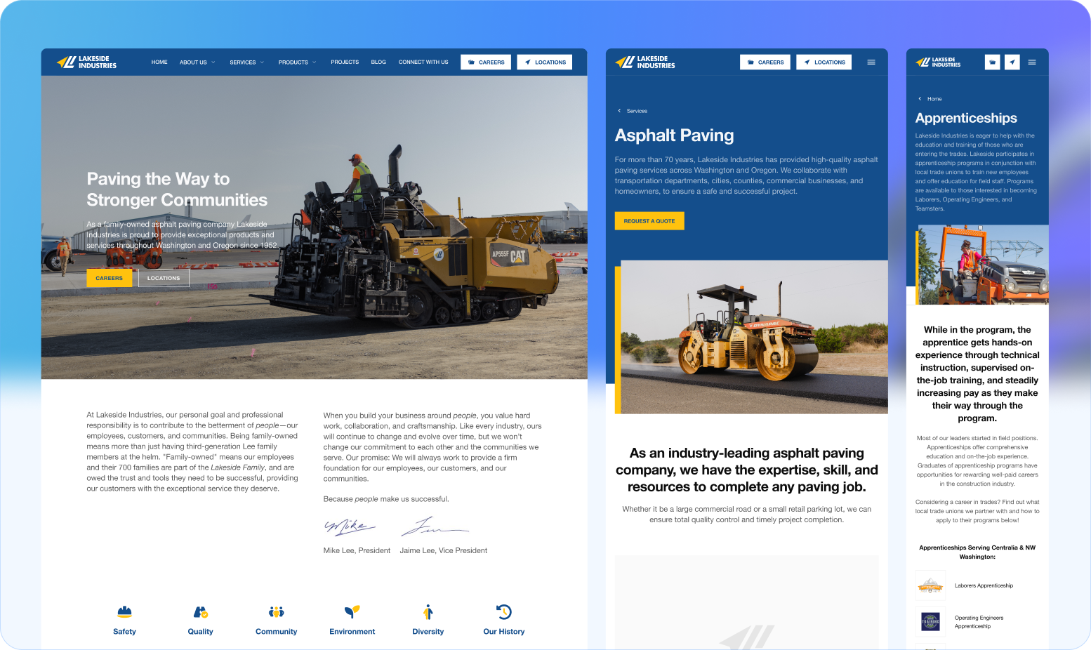 Website layout featuring three panels. The first highlights community-focused paving services with an image of a paving machine. The second advertises asphalt paving with a large machine on a road. The third discusses apprenticeship opportunities.