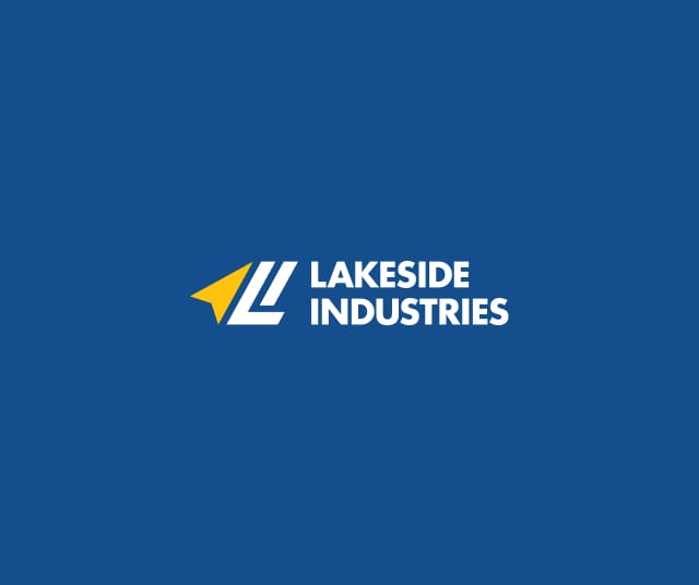 Logo on a blue background featuring a stylized L with a yellow triangular accent on the left. The text Lakeside Industries is written in bold white letters to the right of the logo.