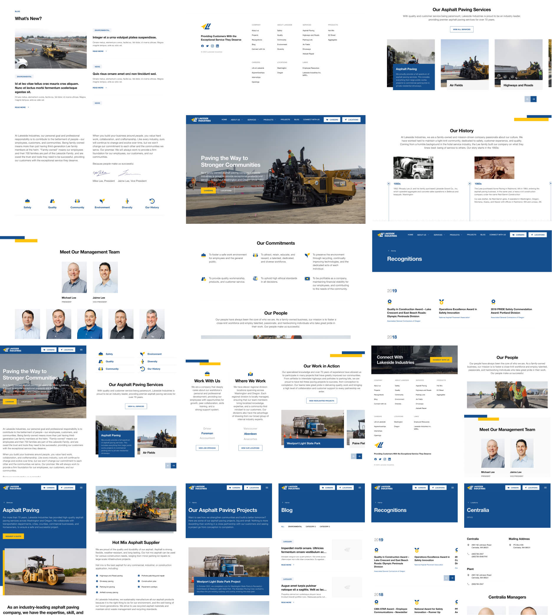 A collage of webpage screenshots from an asphalt paving companys website. It features images of paving machinery, the management team, service details, company commitment, history, recognitions, and contact information, with text and logo elements.
