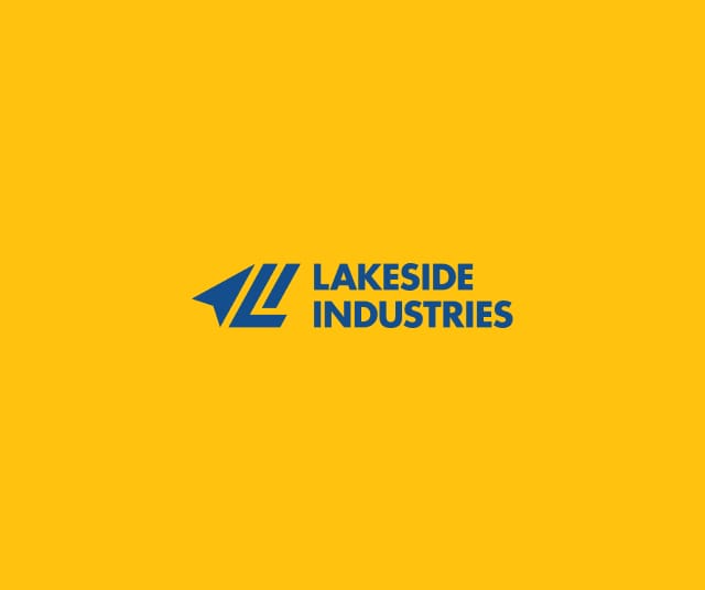 Logo with a stylized blue arrow and the text LAKESIDE INDUSTRIES on a yellow background.