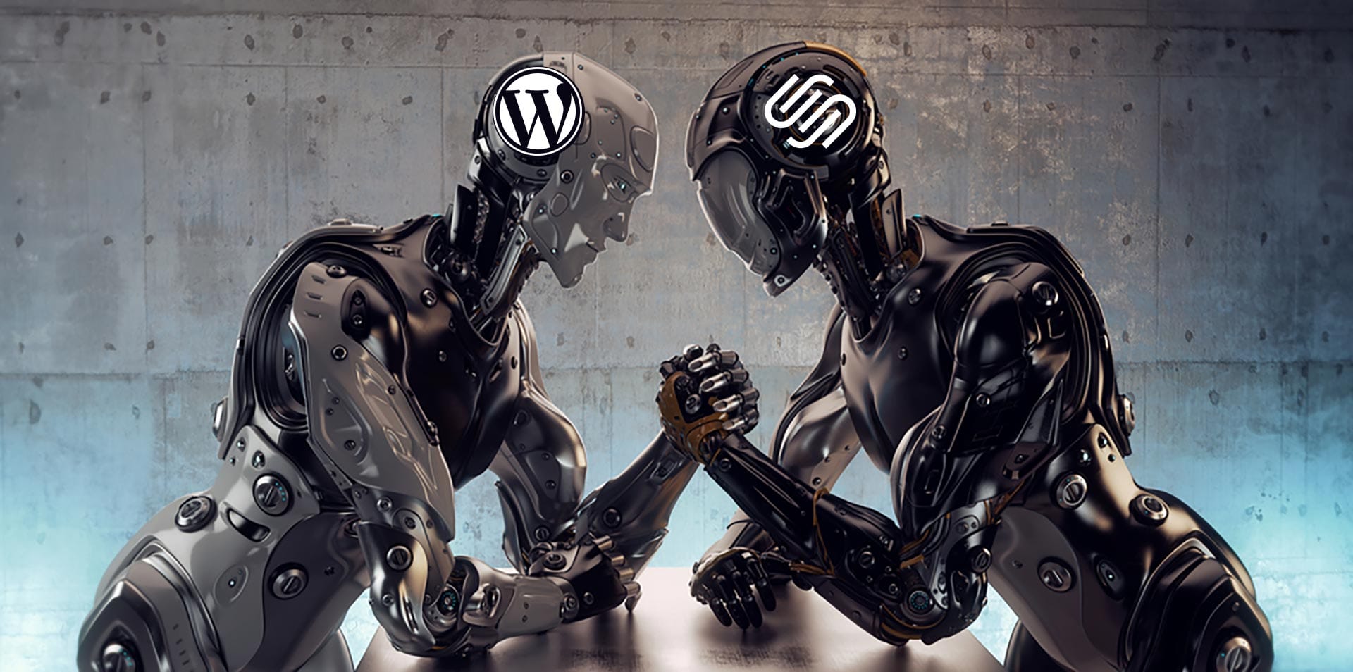 Two robots arm wrestling in a symbolic battle. One robot has a WordPress logo on its head, and the other has a Squarespace logo. The scene is set in a metallic, industrial environment, highlighting a technology competition theme.
