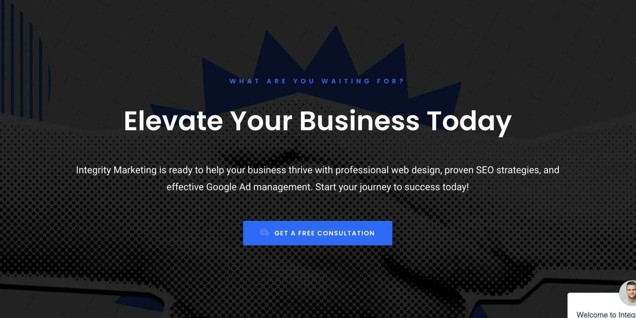 A marketing webpage background with text: Elevate Your Business Today. It offers services in web design, SEO strategies, and Google Ad management. A button below reads Get a Free Consultation, with a small chat widget on the bottom right.