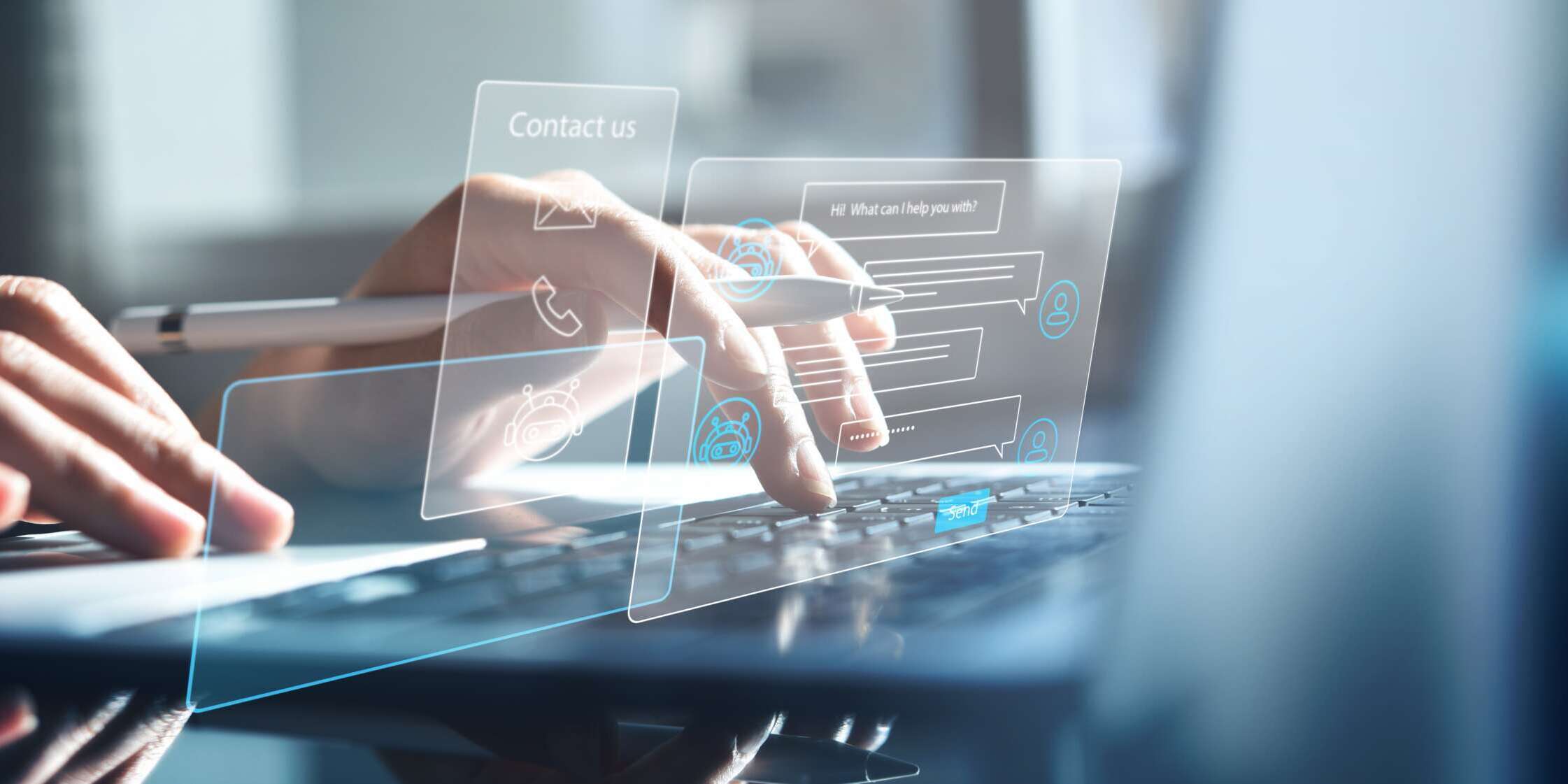 Hands typing on a laptop keyboard with overlay of digital icons and chat bubbles, suggesting online communication and customer support interaction. The background is softly blurred.