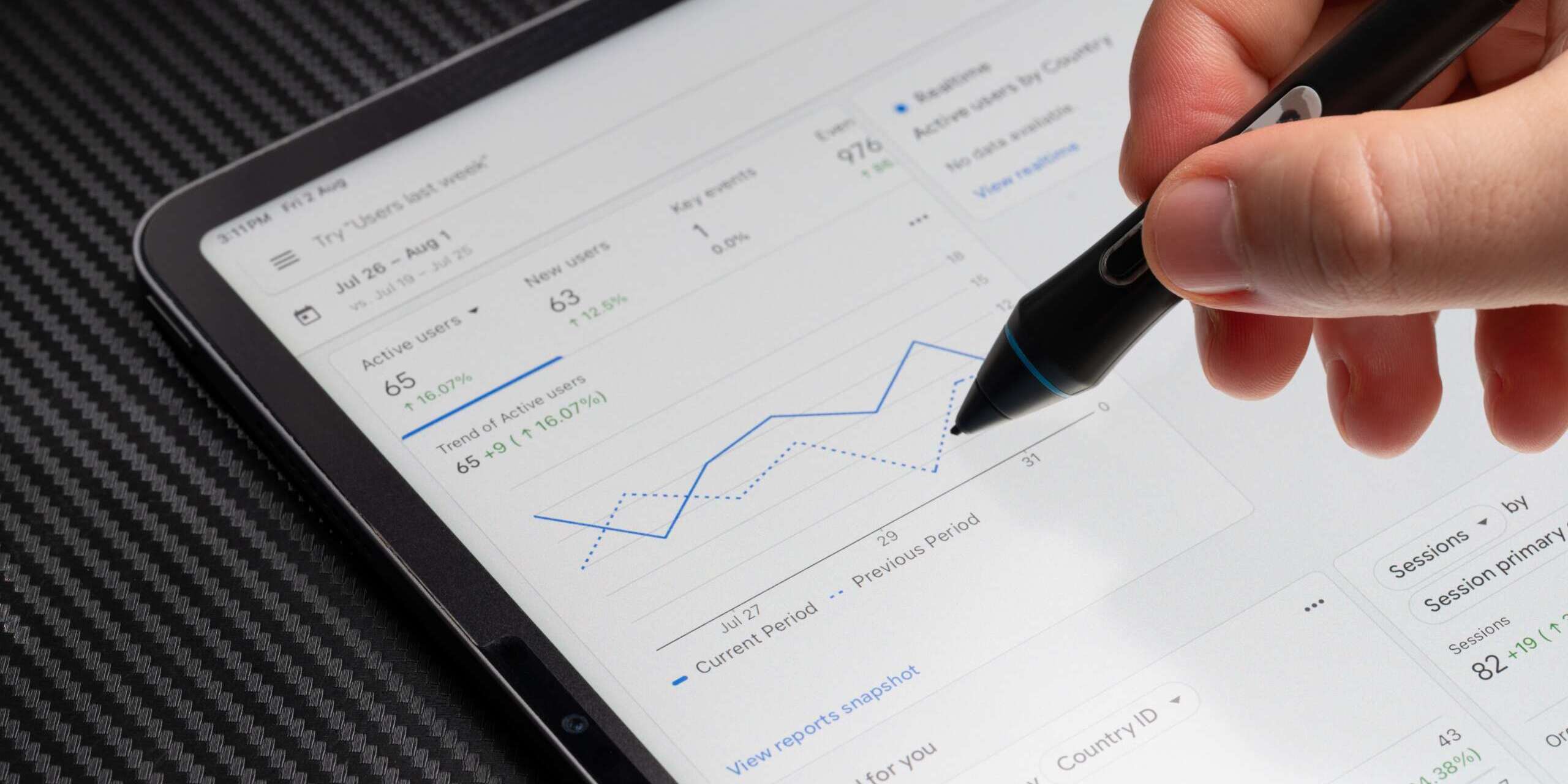 A person uses a stylus on a tablet displaying a line graph and analytics data. The graph shows fluctuations over time, with data on active users and sessions. The background is carbon fiber textured.